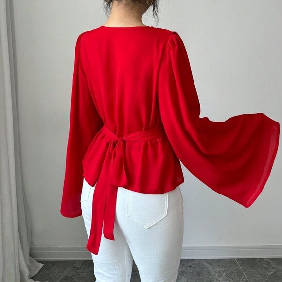 Red Elegant Women's Draped Neck Flared Sleeves Bow Tie Cuffs Blouse - Picture 2 of 6